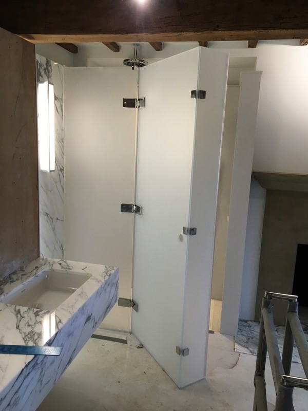 Bespoke frosted glass shower enclosure in Mill Hill luxury bathroom